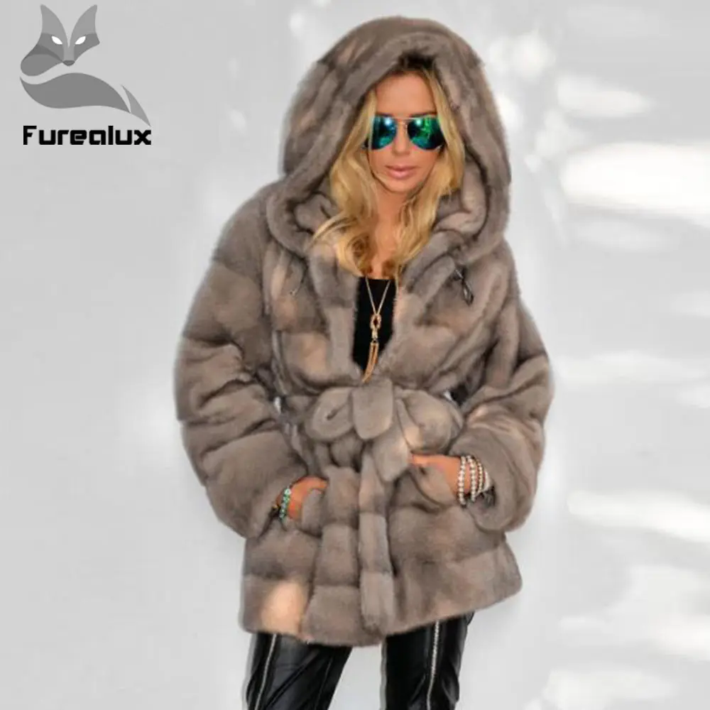 Furealux Настоящее 75 см Норковое Пальто с капюшоном для женщин теплое свободное с поясом натуральный мех норки Куртки с поясом Верхняя одежда для женщин s