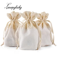10x14cm cotton canvas drawstring gifts bags wedding christmas party packaging jewelry pouches grid handmade coffee bean bag