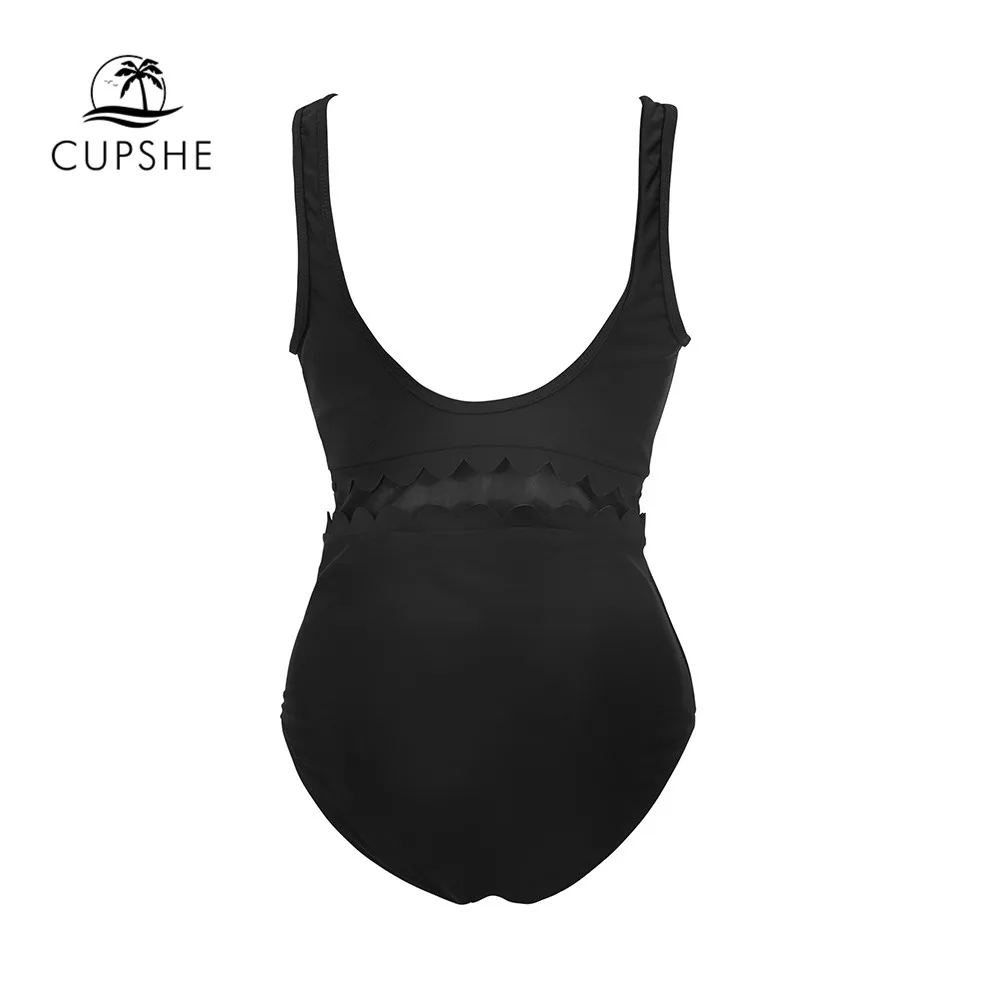 CUPSHE однотонный черный цельный купальник с v образным вырезом пикантная волнистая