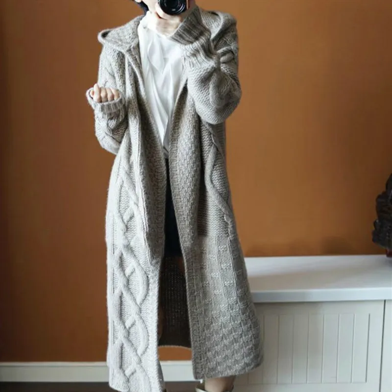 New Women Autumn Hooded Split Slim Cardigan Long Sleeve Loose Asymmetric Batwing Pocket Thicken Sweaters |