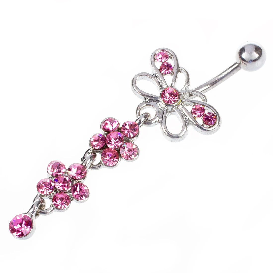 Pink Crystal Flower Dangle Navel Belly Ring Bar Piercing Jewelry |