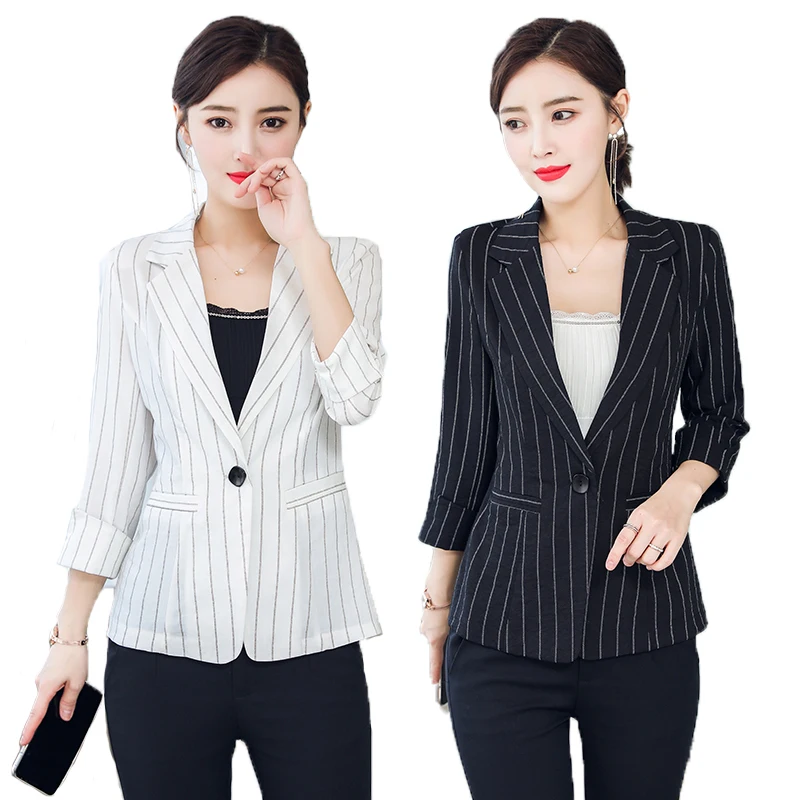 

women spring autumn Suit jacket female cool striped suit new slim casual suit coat plus size blazer