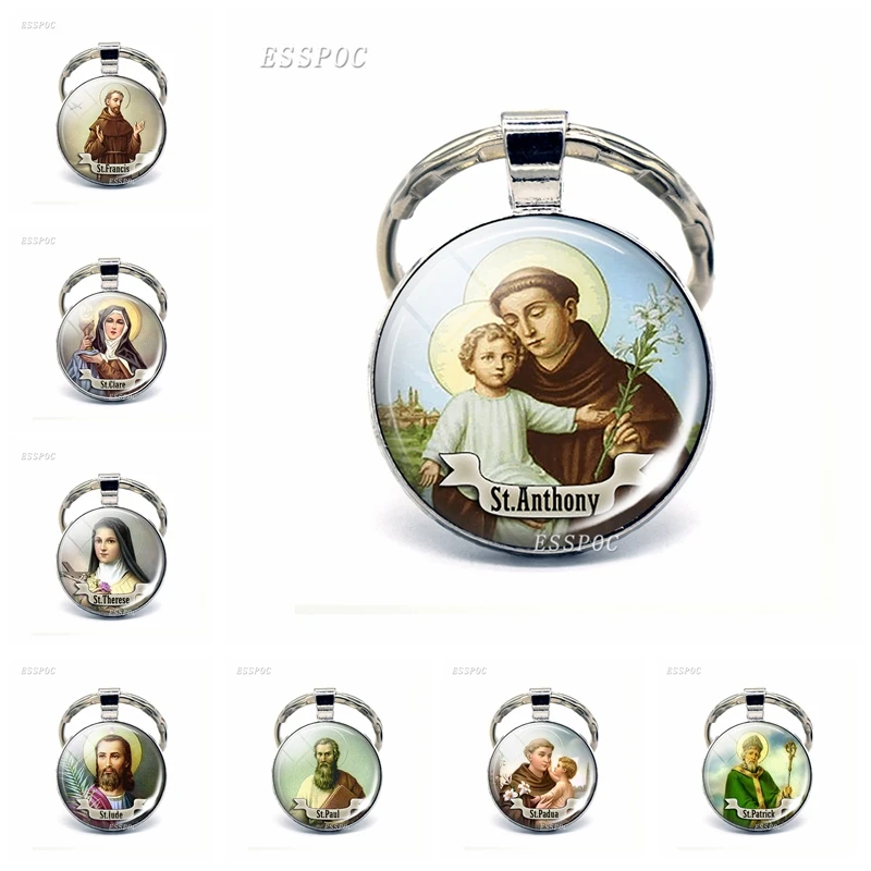 

Christian Keychain Saint Religious Keyring Glass Jewelry Gift Cabochon Pendant St Anthony Key Chain for Women Men
