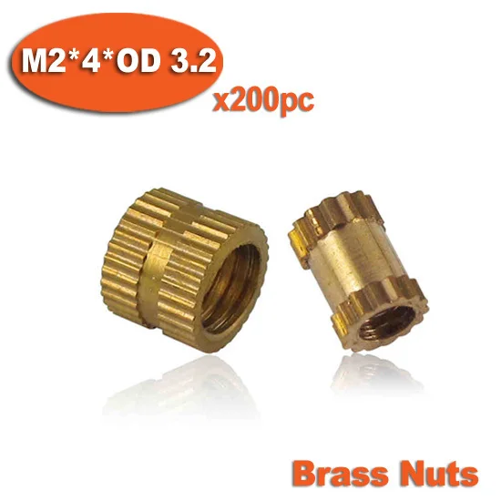 

200pcs M2 x 4mm x OD 3.2mm Injection Molding Brass Knurled Thread Inserts Nuts