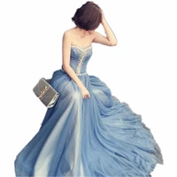 new fashion sweetheart court train long blue dress beading crystal a line woman long dress elegant evening tulle caftan dress