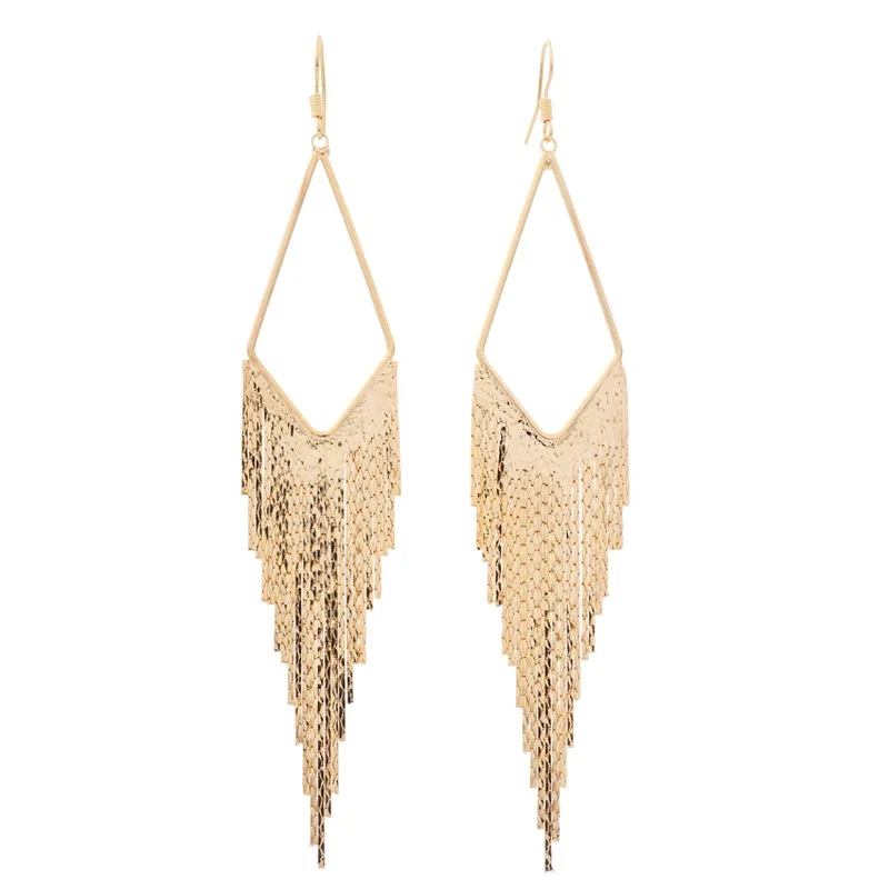 Женские винтажные геометрические длинные серьги с треугольной кисточкой модные
