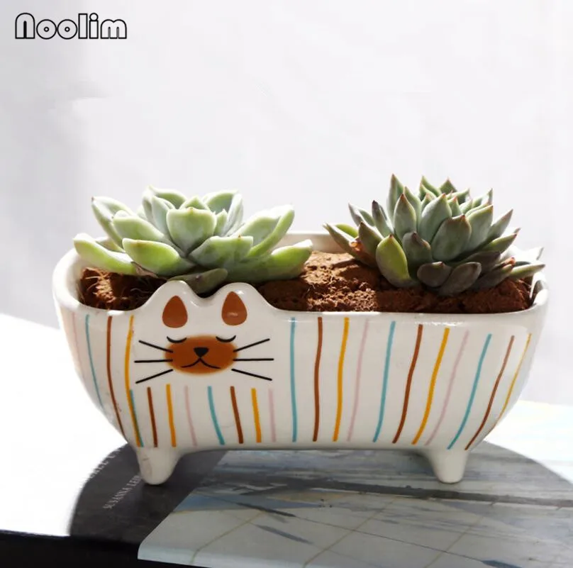 15x8.2x6.8cm NOOLIM цветочный горшок с мультяшным котом Ретро Проницаемый керамический зеленый цветочный горшок для гостиной офиса украшения сада - Цвет: 15x8.2x6.8cm