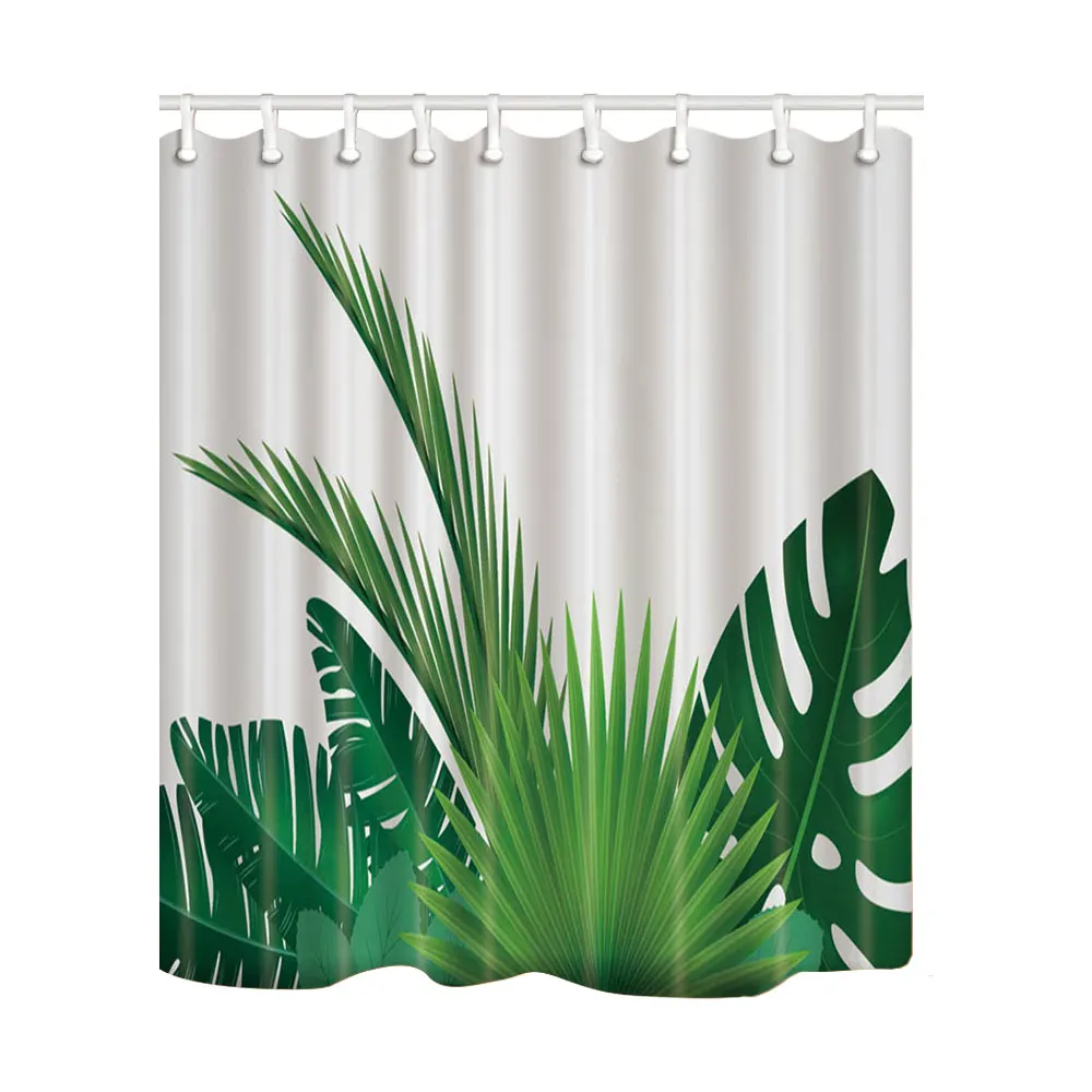 

Green Tropical Leaves Shower Curtains Home Decoration Bath Screens Polyester Fabric Waterproof and Mildew Proof with 12 Hooks