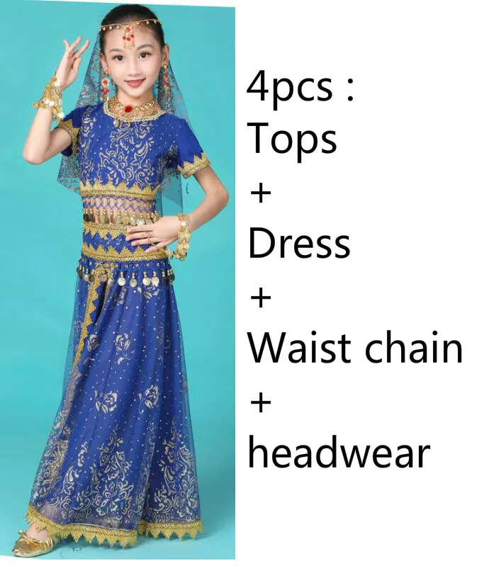 4pcs dark blue Костюмы для Танцев Живота для девочек, дизайн, детские платья для восточных танцев, индийское болливудское танцевальное профессиональное снаряжение для детей, 4 цвета - Цвет: 4pcs dark blue
