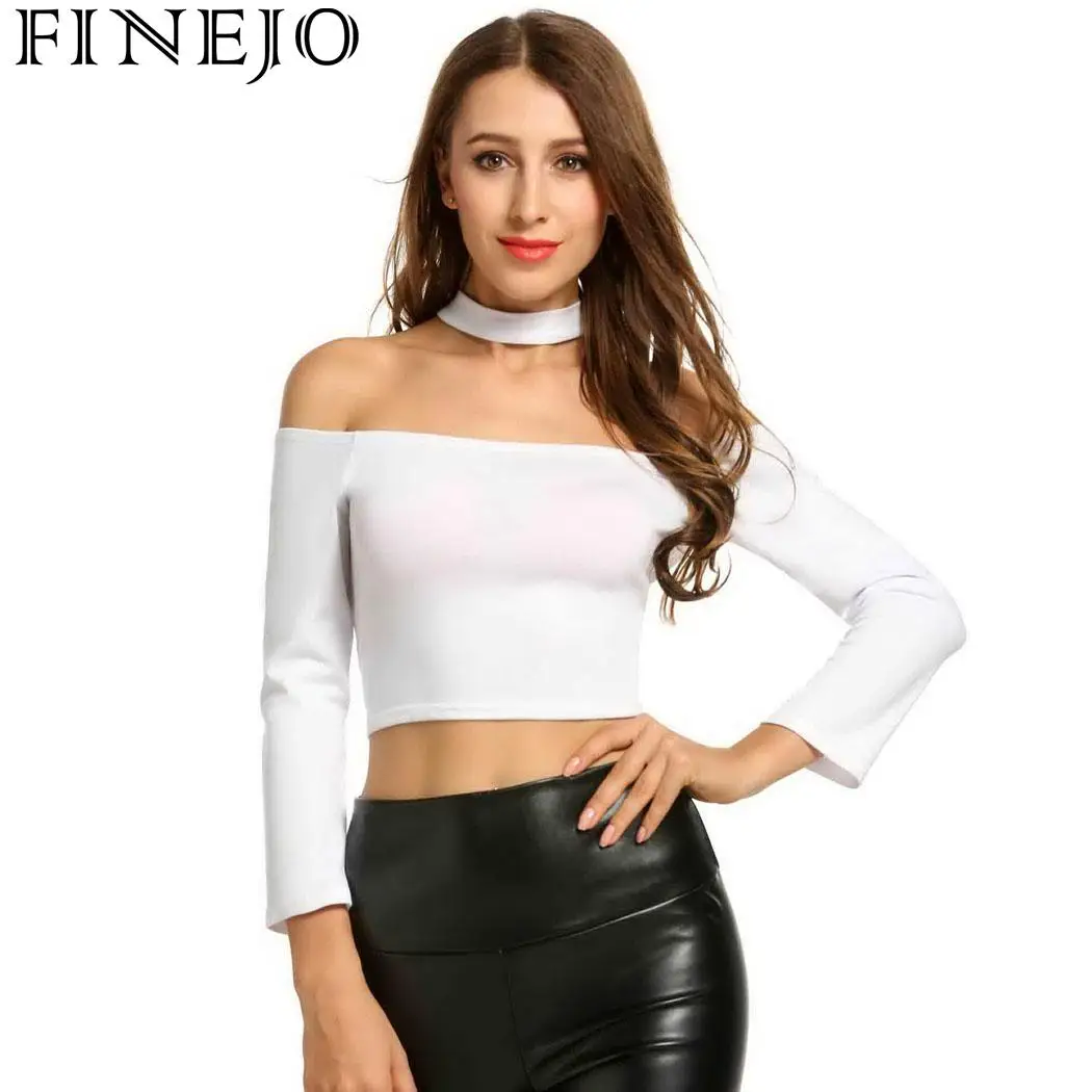 FINEJO сексуальный женский короткий топ с открытыми плечами и длинным