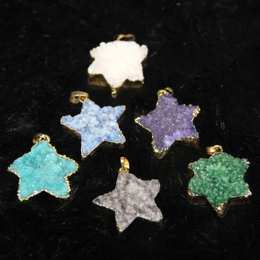 

Thanksgiving Gifts! Plated 6Colors Druzy Stone Drusy Quartz Drop Pendant Stars Necklace Pendant On Sell 4pcs/lot