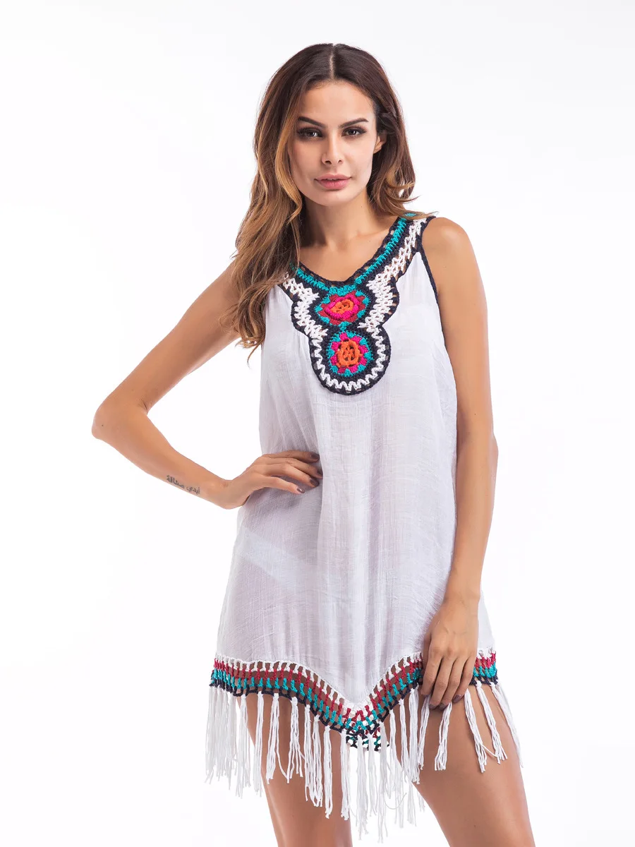 Boho Top Women Floral Print Bohemian Shirt Summer Long Vintage Tassel Patchwork Knitted Tops Tribal Indie Folk One Size | Женская одежда