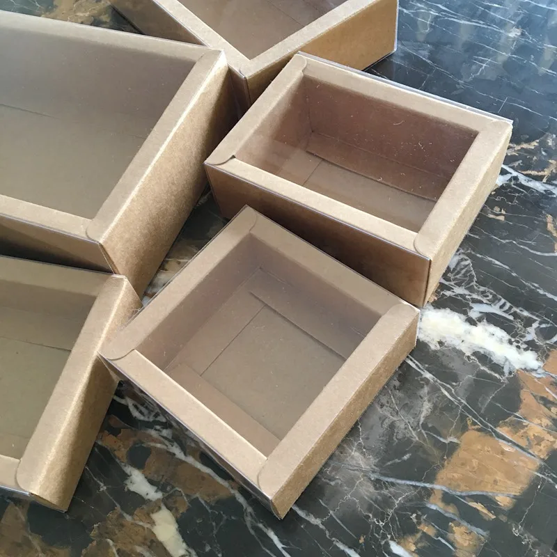 10 шт коричневая крафт бумажная коробка прозрачный ПВХ раздвижной ящик Упаковка