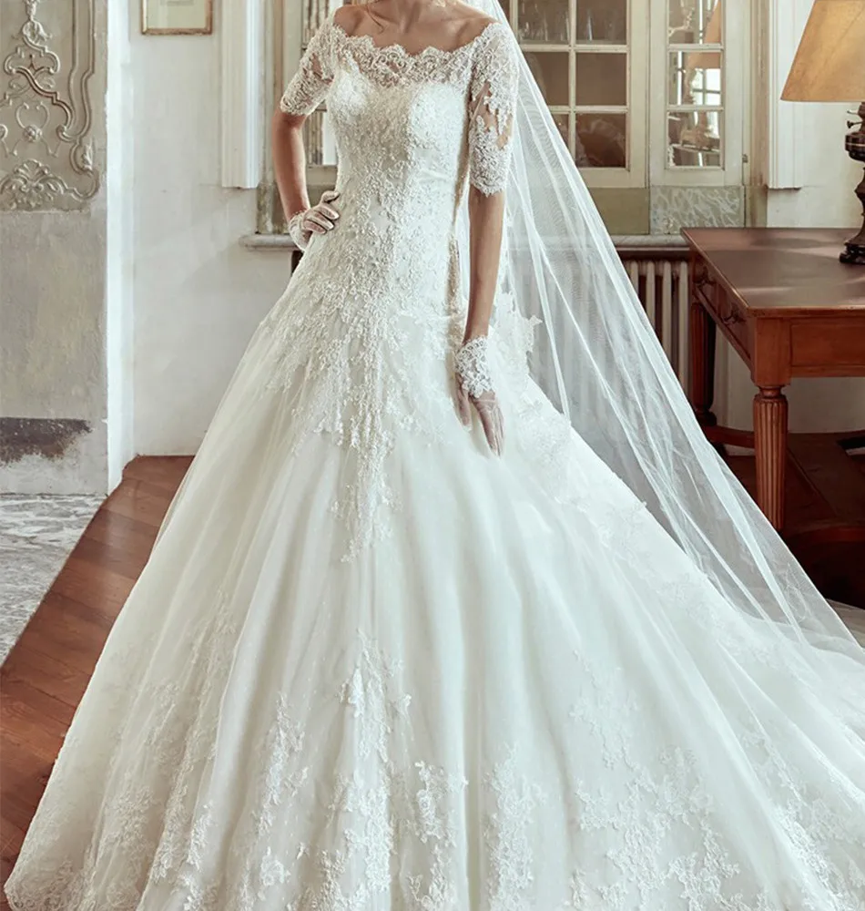 Vestido Де Casamento Кружева Свадебные Платья С Половину Рукава 2017 Бальное платье Белый