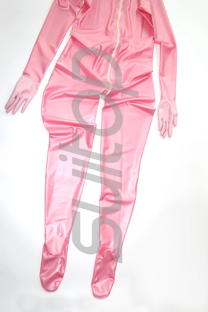Полный Чехол латексный комбинезон резиновый zentai с задней 3 молнии перчатки, носки и капюшоны attahced в розовый металлик