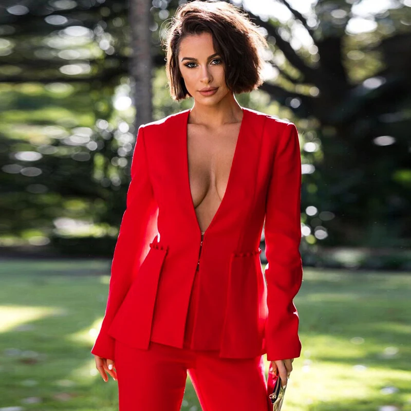 Bqueen 2019 New Women Red Two Piece Sets Office Lady V-Neck Sexy Set Long Sleeve Full Length Pants Fashion | Женская одежда