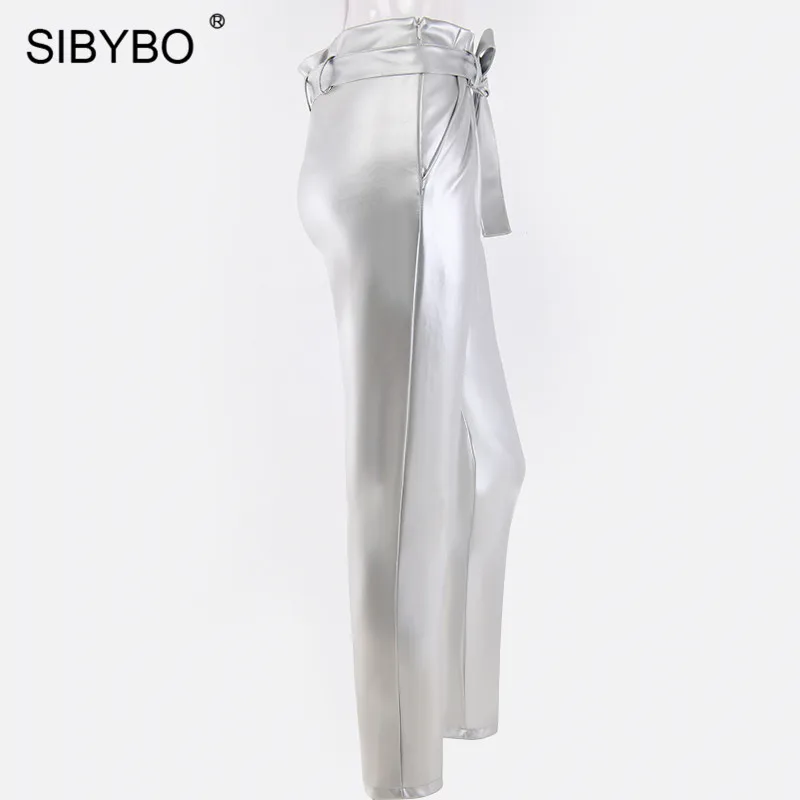 Sibybo/повседневные женские брюки с высокой талией из искусственной кожи; осенние модные узкие брюки на завязках; женские уличные брюки с карманами
