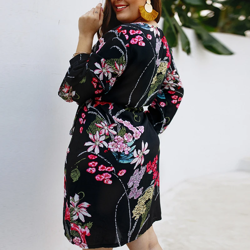 WHZHM цветочные длинным рукавом Высокая талия свободно плюс Размеры 3XL 4XL платье Для