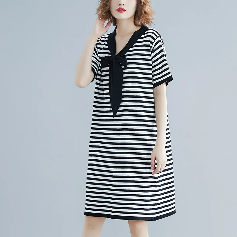 #0493 платья-футболки с коротким рукавом и V-образным вырезом полосатые миди-платья