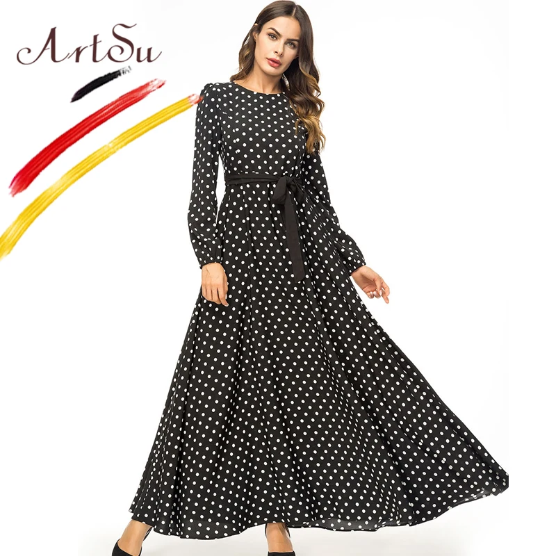 Женское платье макси в горошек ArtSu черное праздничное с длинным рукавом на зиму и