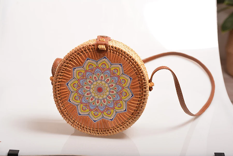 Женские сумки из ротанга с цветочным принтом, Пляжная винтажная сумка через плечо, женская Соломенная круглая Сумка-слинг B126