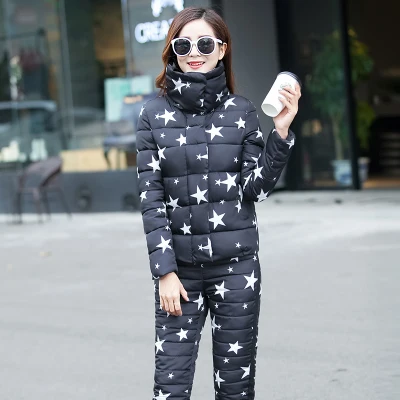 Style 2 Star Black Женский зимний Камуфляжный хлопковый костюм с капюшоном и воротником из меха енота, женская верхняя одежда, плотное теплое пальто, комплект из 2 предметов(пальто+ штаны - Цвет: Style 2 Star Black