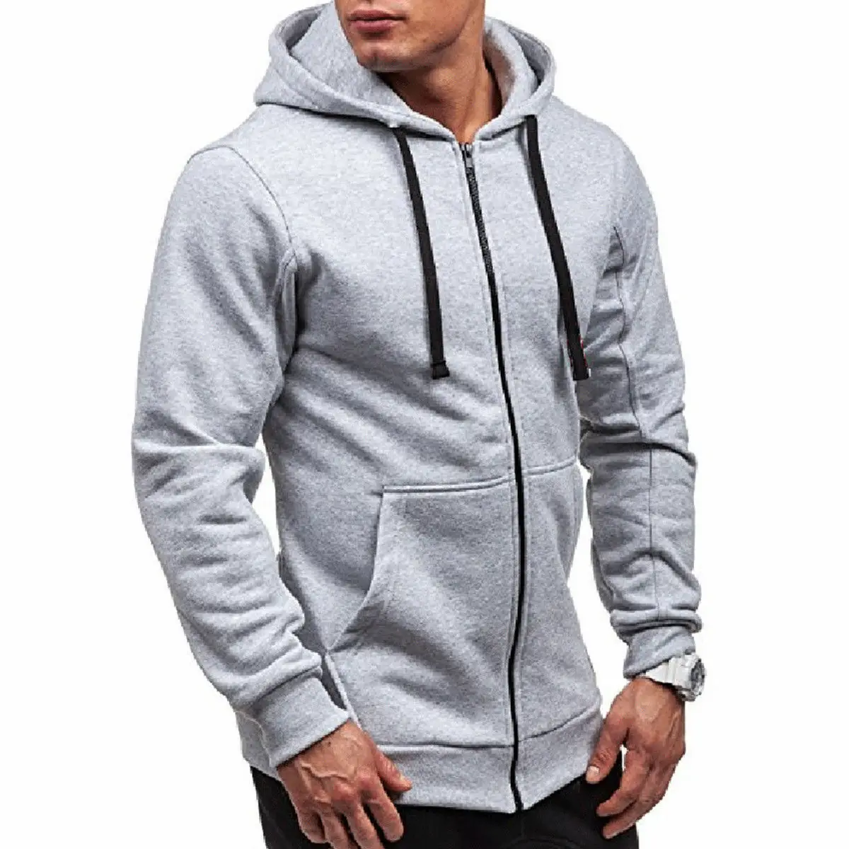 Серый Новинка, толстая футболка с капюшоном, тонкая, на молнии, мужская, с длинным рукавом, мышечная, теплая, на молнии, с капюшоном, толстовка, облегающая, спортивная - Цвет: Серый