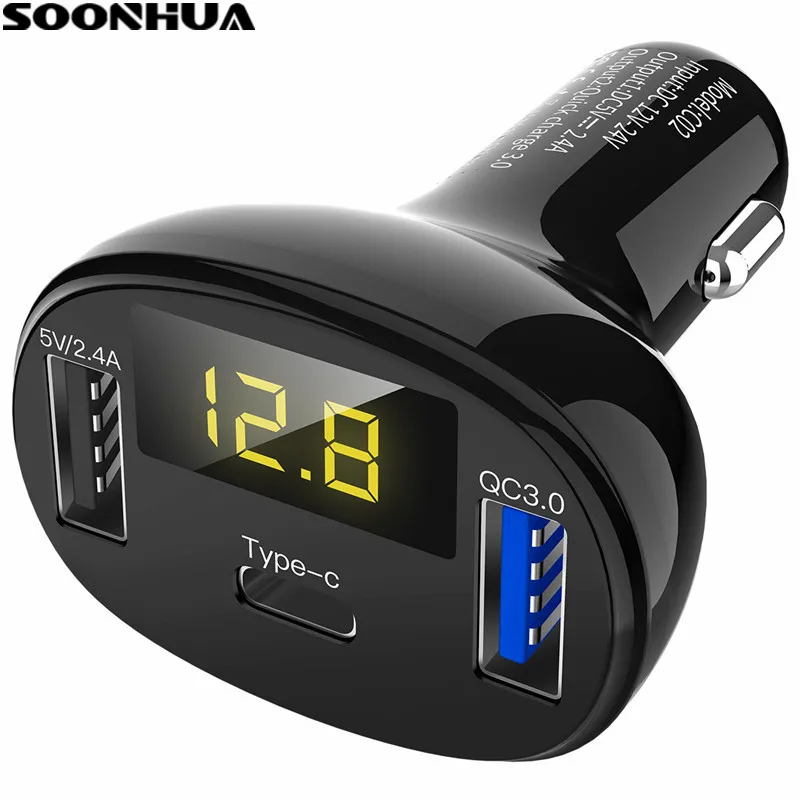 Автомобильное зарядное устройство SOONHUA USB Type C с 3 портами быстрая зарядка QC