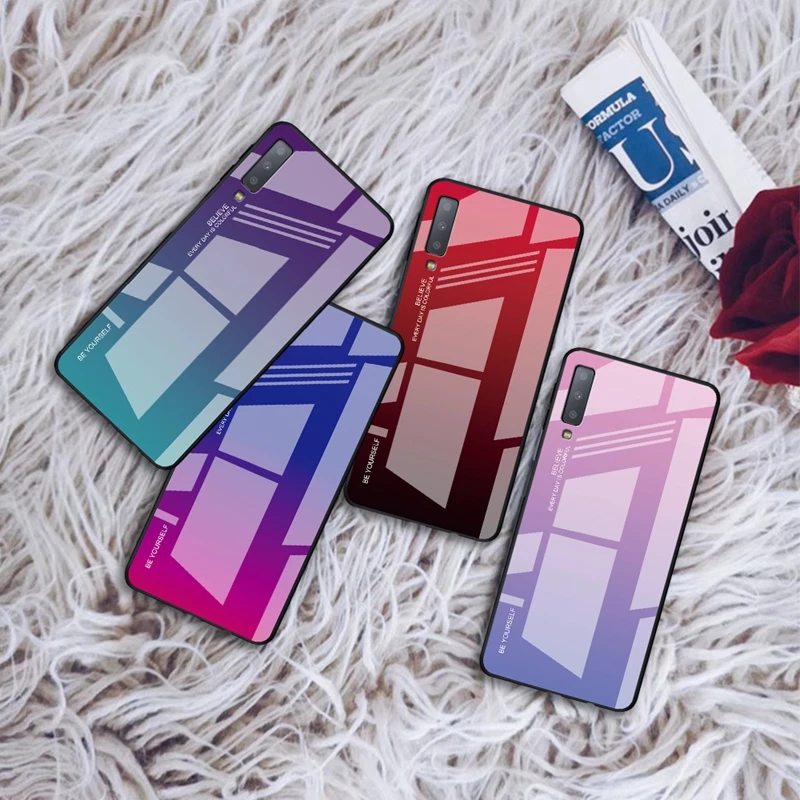 EKDME разноцветный роскошный стеклянный чехол для samsung Galaxy A7 A6 A8 Plus A5 A520 A7 A720 Aurora, чехол из закаленного стекла
