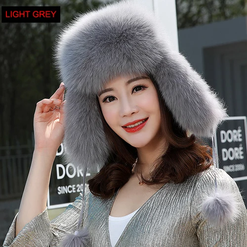 light grey Россия натуральный Лисий меховая шапка зимняя теплая Женская натуральный мех лисы качественная шапка из натурального Лисьего меха меховые шапки-бомберы - Цвет: light grey