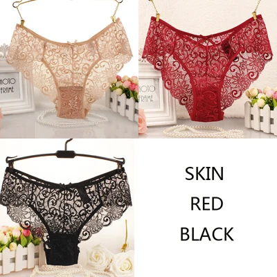 skinredblack JERRINUT, 3 шт., сексуальные кружевные короткие женские трусы, Прозрачное нижнее белье для женщин, низкая талия, хлопок, дышащие женские трусы - Цвет: skinredblack