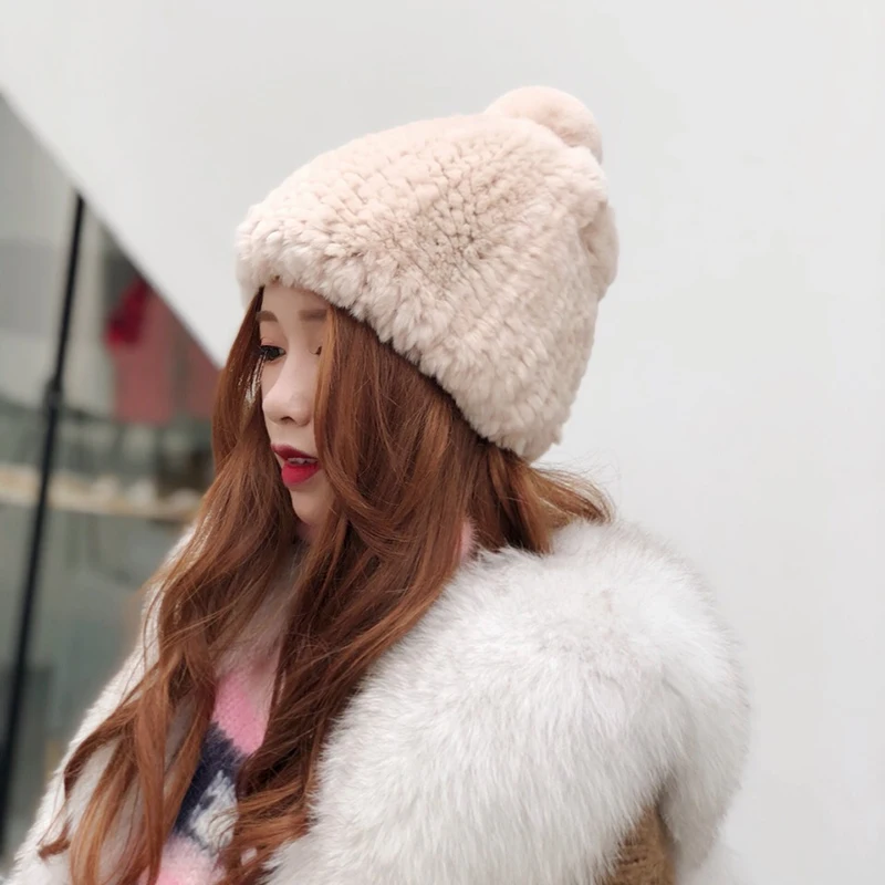 Fashion Womens Real Rex Rabbit Fur Hats with Stripe Design Cute Ladies Winter Warm Rex Rabbit Fur Caps