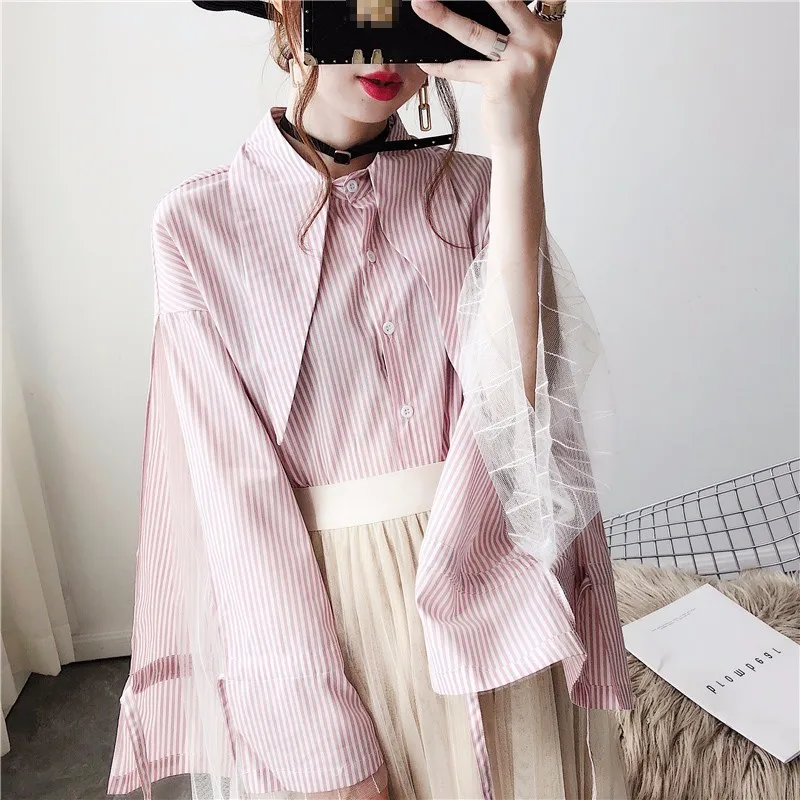 CHICEVER полосатая Лоскутная сетчатая женская рубашка блузка с расклешенным рукавом