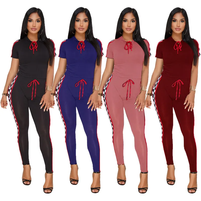 

Casual Tracksuit Plaid Two Piece Sets Women Fashoin Short Sleeve Hooded Tops + Long Pants Ladies Leisure 2pcs Outfits Sportswear