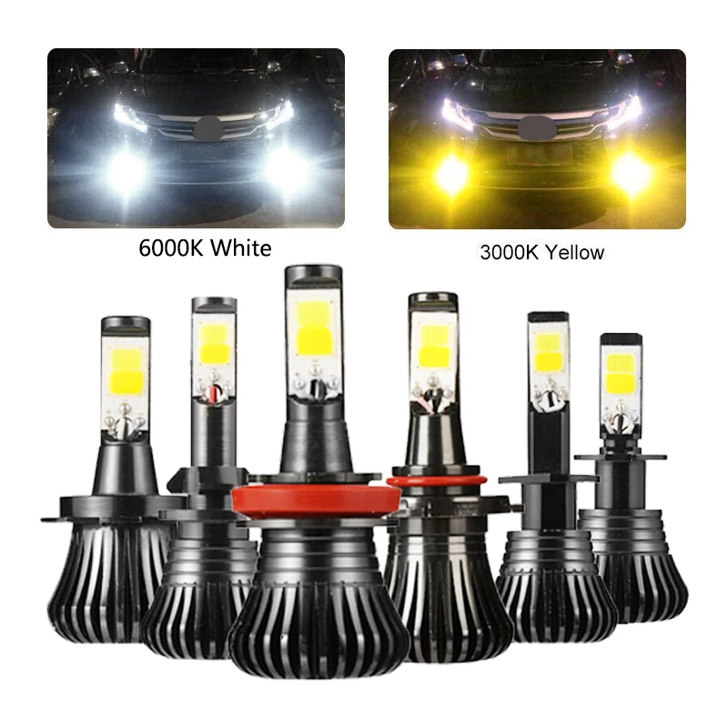 Niscarda 2Pcs COB  H1 H4 H7 H8 H11 9005 Driving 6000K White 3000K Amber Yellow Car Fog Lights Bulbs Dual Color Auto LED Lamps