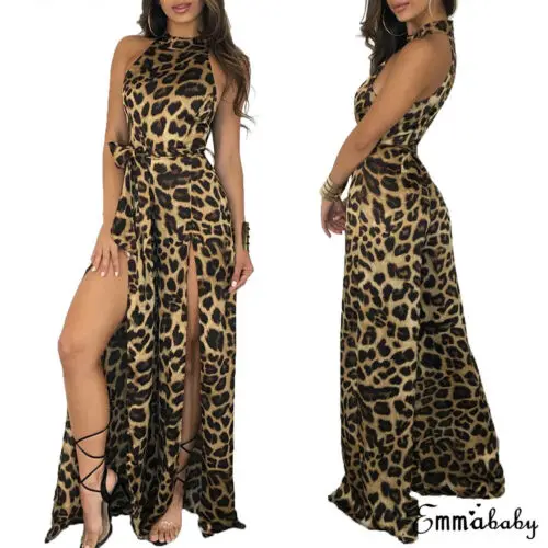 Американский женский сексуальный леопардовый длинный комбинезон без рукавов