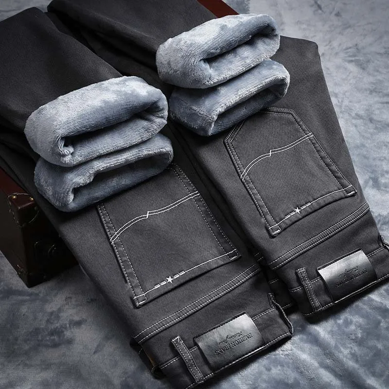 gray Зимние джинсы для мужчин, теплые мужские панталоны Pitillos Hombre Jean Homme, мужская одежда серого цвета, Классический известный бренд Jing, Стрейчевые - Цвет: gray