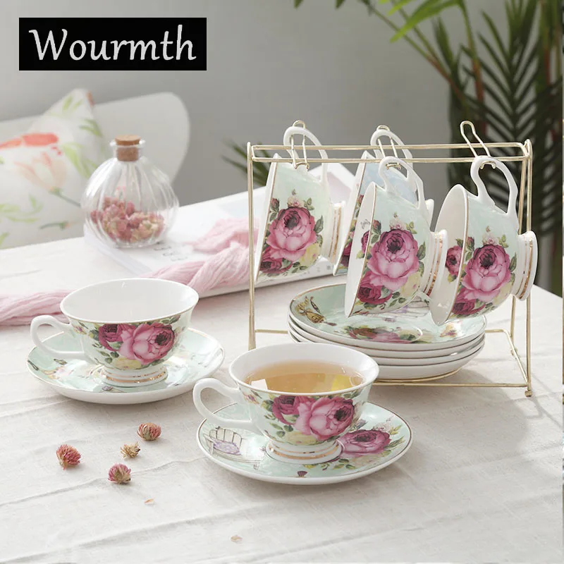 Green 6 cup 6 saucer Wourmth европейские цветочные чайные чашки чайный горшок набор может быть стекло с обогревом чайный горшок костяного фарфора чайная чашка и блюдце послеобеденный чайный Ресторан - Цвет: Green 6 cup 6 saucer