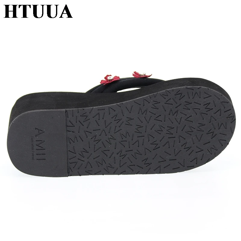 HTUUA 2019 модные шлепанцы с цветами и кристаллами женские слайды на высоких каблуках