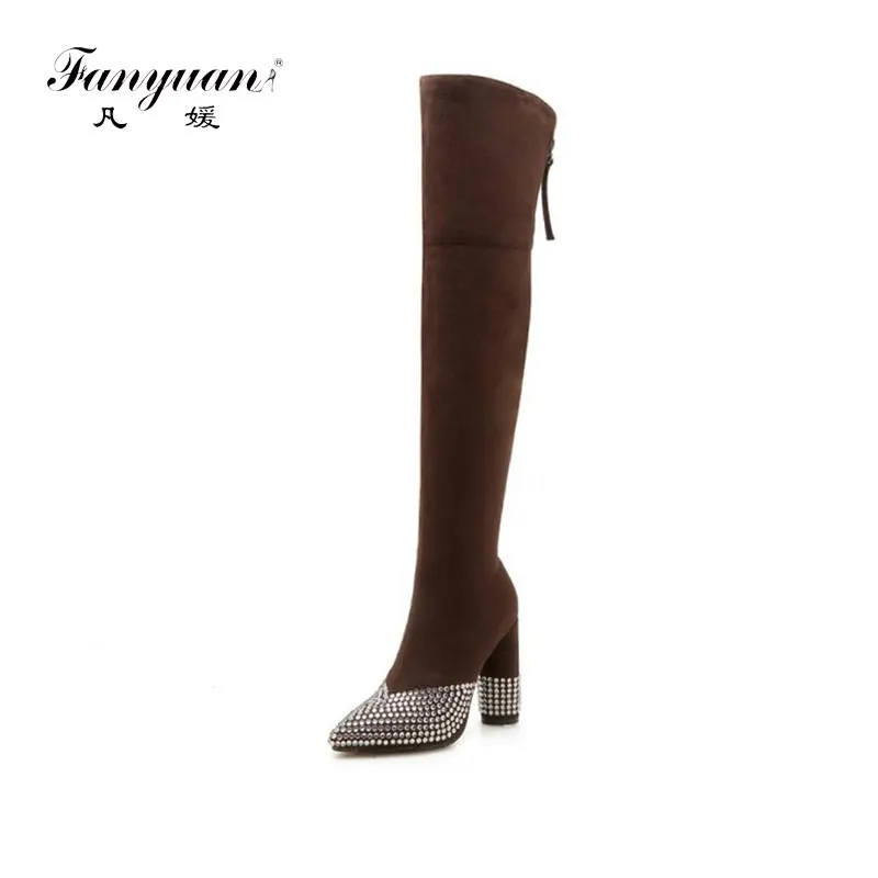 

Fanyuan Plus Size 33-46 Women Thigh High Boots Bling Crystal Warm Fur Winter Shoes Woman Sexy Fashion Zipper High Heel Boots