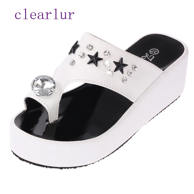 Brand women's sandals wedge with rhinestone slippers thick platform muffin summer beach shoes woman C0200 | Обувь