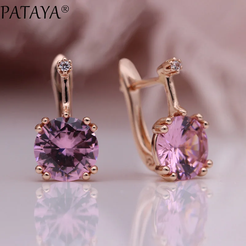 Bright Pink Новые Женские Висячие серьги PATAYA, круглые градиентные синие серьги с натуральным цирконием, 585 цвета розового золота, свадебные ювелирные изделия - Окраска металла: Bright Pink