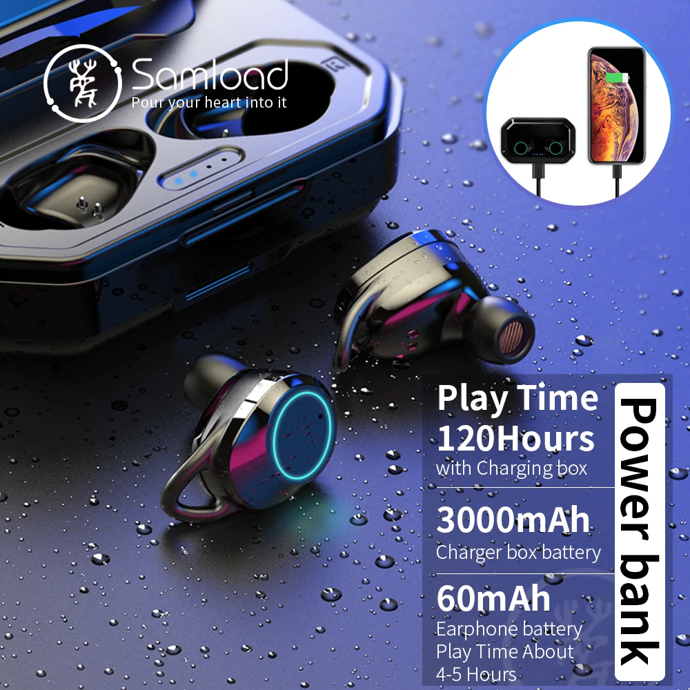 Samload, беспроводные наушники, 5,0, Bluetooth, 3D, глубокий бас, IPX7, для улицы, беспроводные наушники с 3000 мАч, Дополнительный внешний аккумулятор для IOS, Android