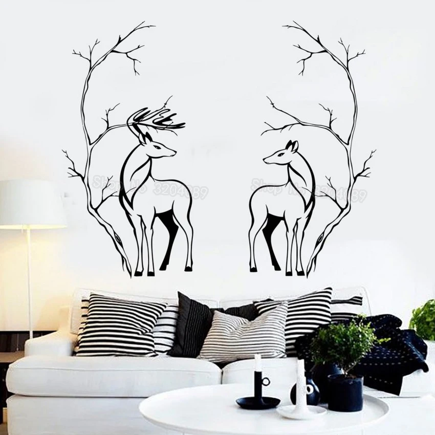 Deers парные животные ветки дерева Декор для комнаты Наклейка на стену украшение
