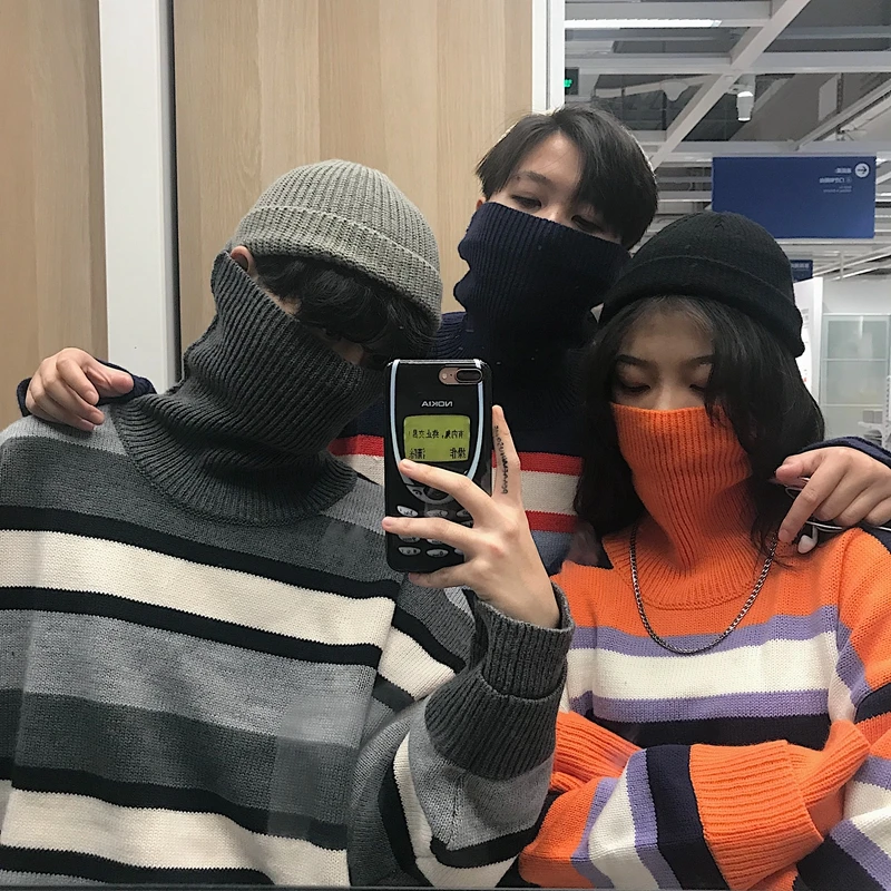 Autumn Winter 2019 Thick Warm Striped Sweater Casual Long sleeve Turtleneck Pullovers Knitted Women Harajuku | Женская одежда