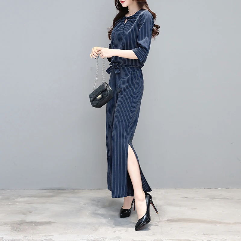 Модная блузка в полоску Топ и широкие брюки комплект костюмы 2018 сезон: весна лето