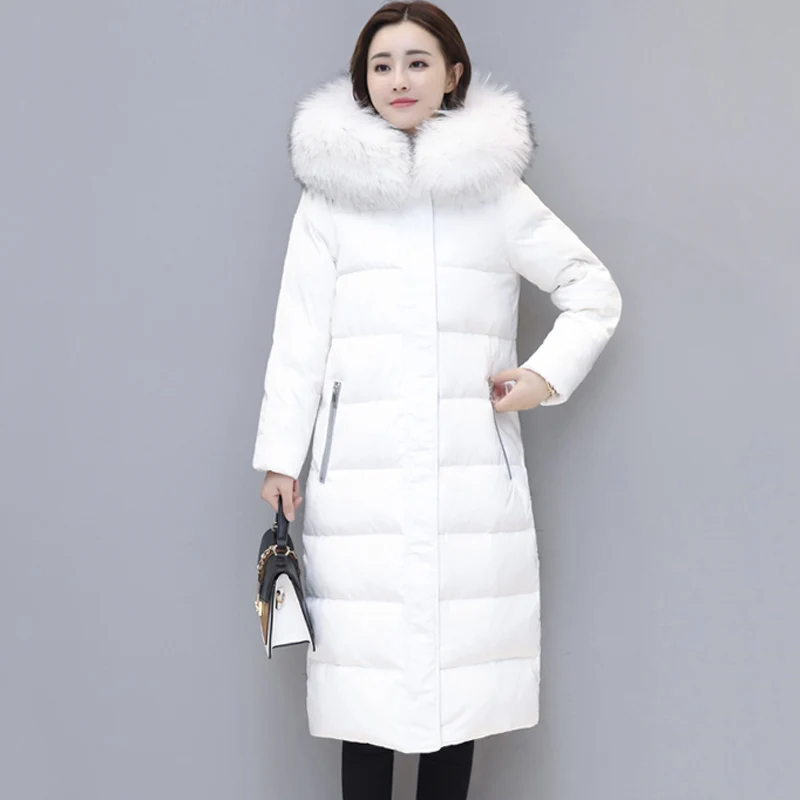 white- white fur Новая высококачественная зимняя куртка-пуховик на 90% белом утином пуху женщин меховой воротник длинные пальто парки Сгущает Теплый Женский Теплый сплошной пальто RE0836 - Цвет: white- white fur