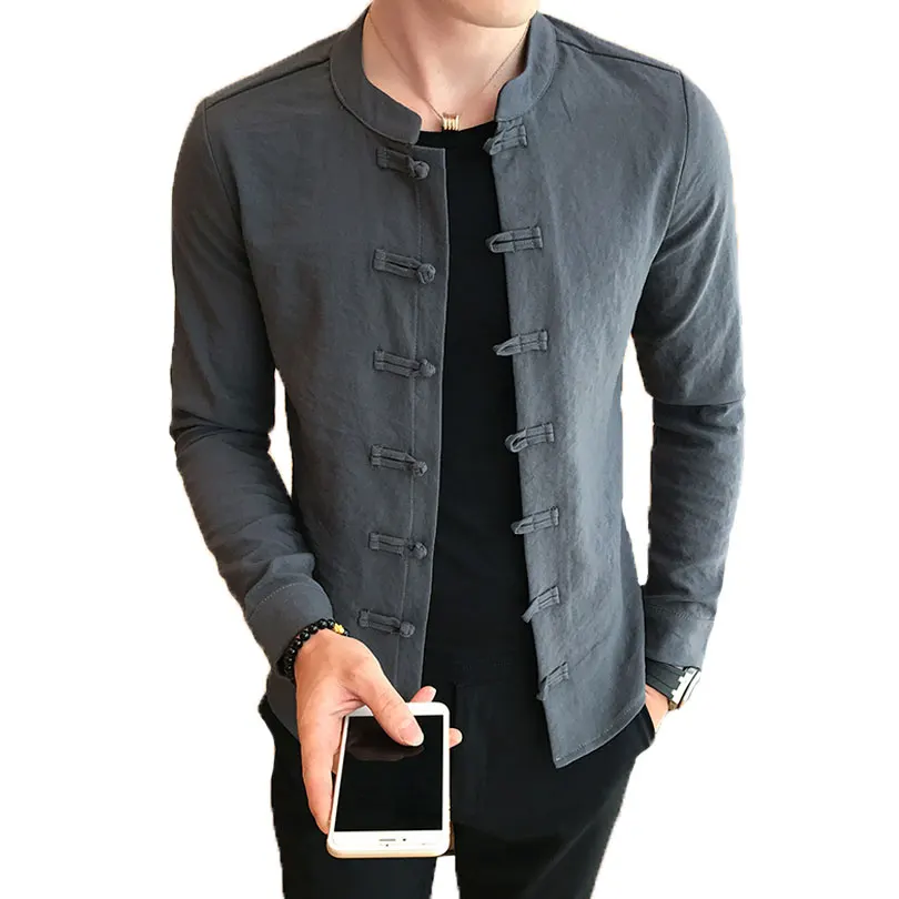Chinese Collar Shirt Men Mandarin Collar Cotton Solid Long Sleeve Slim Fit Casual White Tang Suit Kung Fu Linen Shirt Men