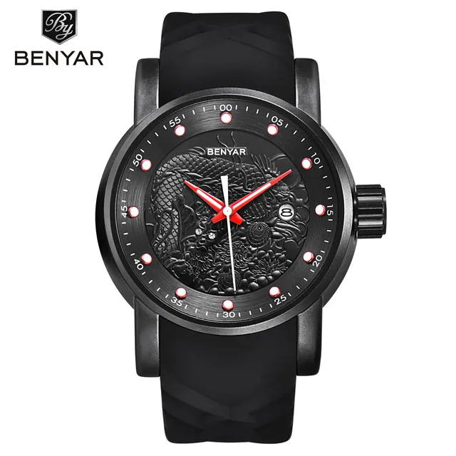 Топ люксовый бренд BENYAR Reloj Hombre кварцевый резиновый спортивные наручные часы деловые военные водонепроницаемые мужские часы relogio masculino - Цвет: Noir