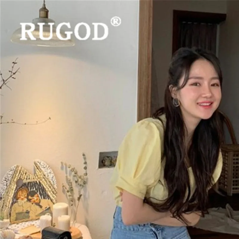 RUGOD Корейская желтая блузка с пышными рукавами летние женские топы и блузки Милая однобортная тонкая блуза с квадратным воротником - Цвет: Золотой